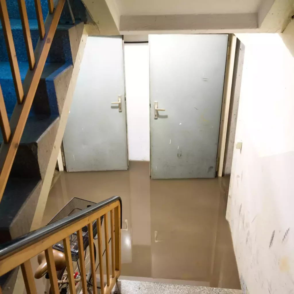 An image of steps leading down to a basement flooded with standing water.