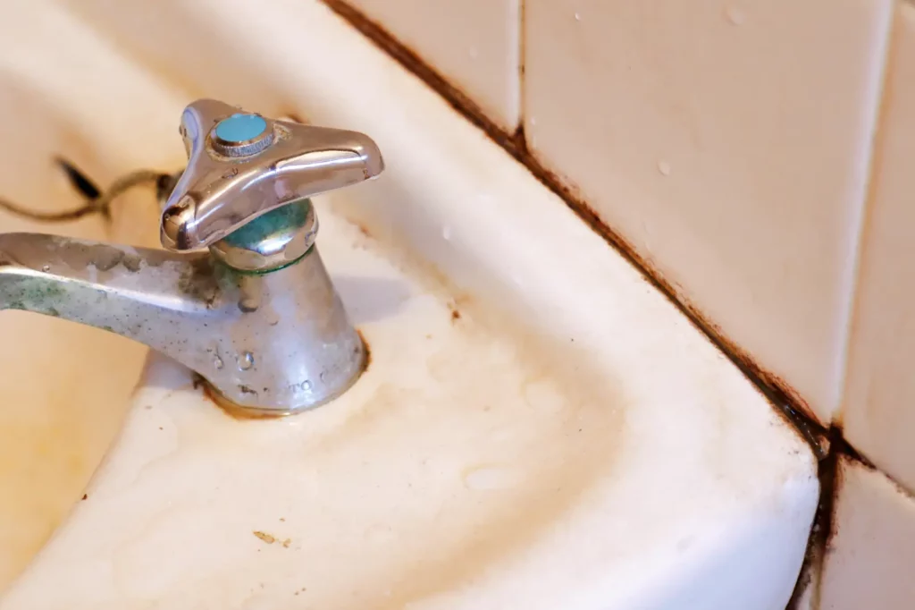 A close up of a bathroom sink with mold growing between the sink and wall.