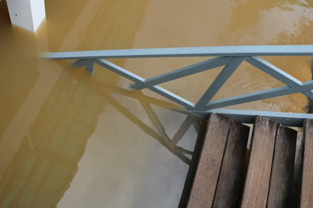 A handrail and steps leading down into a flooded basement.