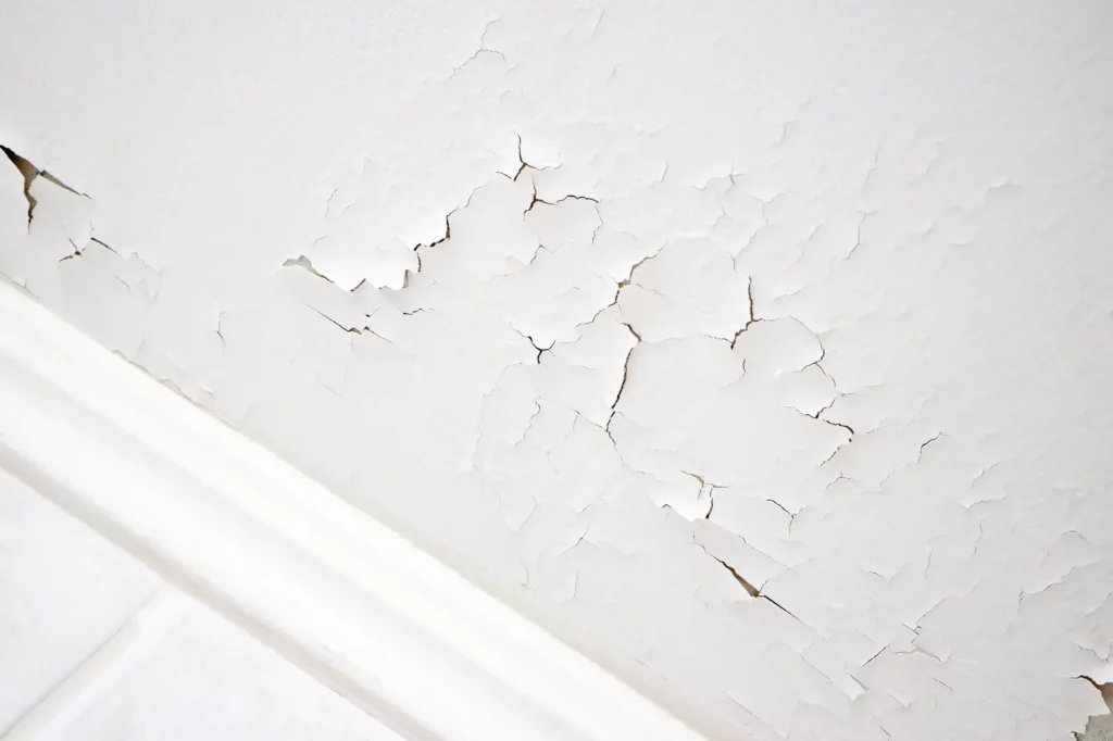 A cracked and bubbling ceiling due to humidity damage.